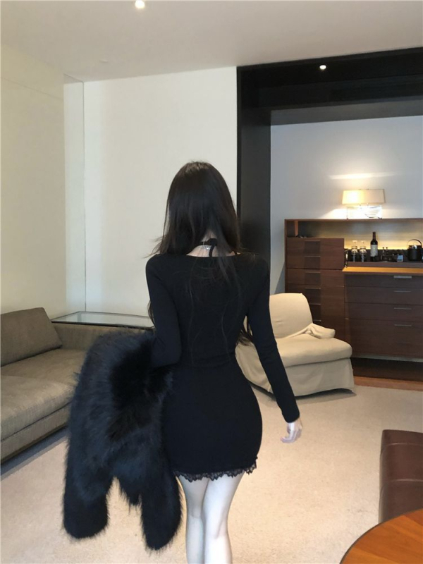 Φόρεμα με δαντελωτά πάνελ, λαιμόκοψη σε σχήμα U, μακριά μανίκια, ύφασμα πολυεστερικό, κοντή φούστα σε γραμμή ισχίων