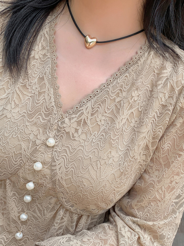 A-vonalú csipkés ruha V-nyakú, nylon keverék, puffos ujjak