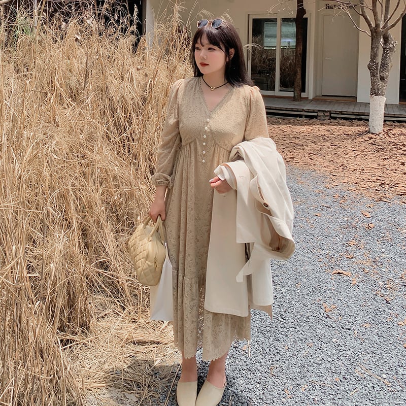 A-vonalú csipkés ruha V-nyakú, nylon keverék, puffos ujjak