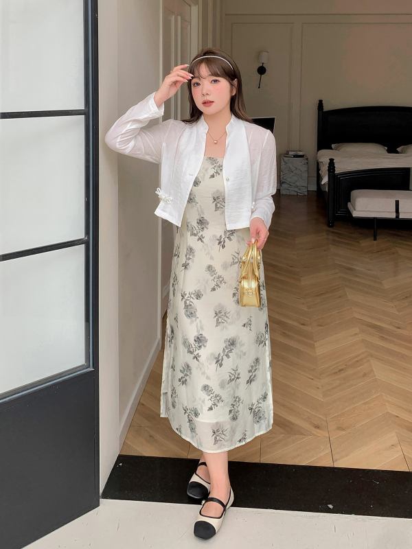 Két részes hosszú ruhaszett álló gallérral és puffos ujjakkal, kínai stílus, poliészter–spandex