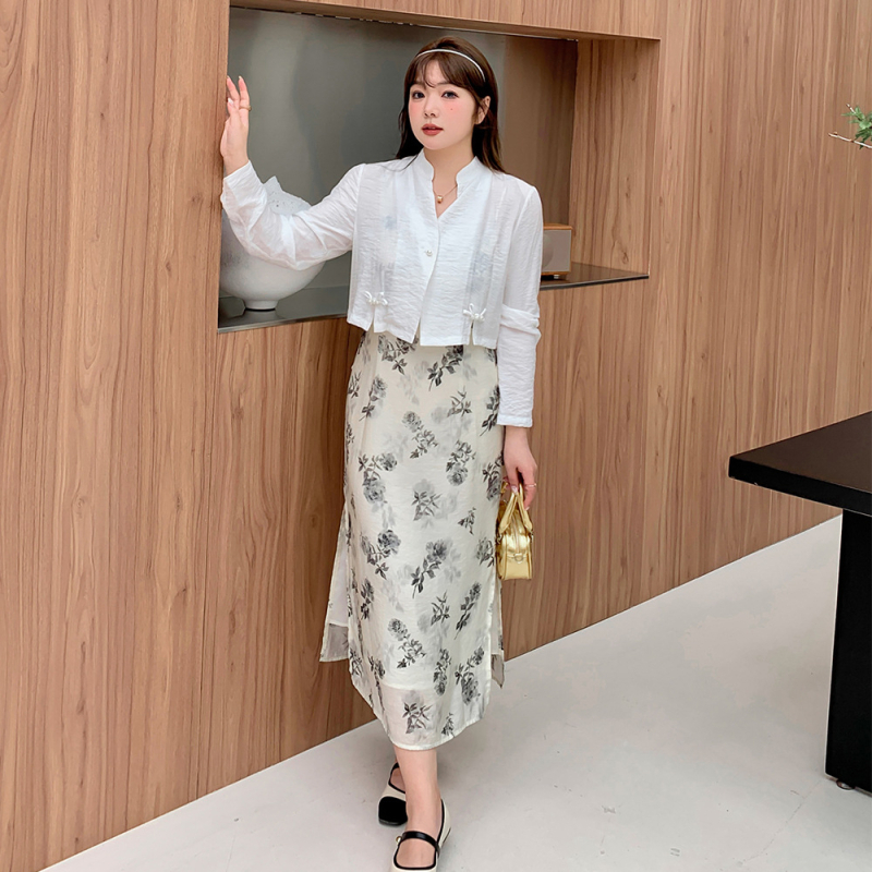 Két részes hosszú ruhaszett álló gallérral és puffos ujjakkal, kínai stílus, poliészter–spandex