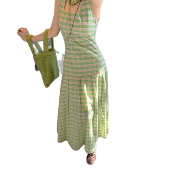 Haljina s A-linijom, plisirana, bez rukava, s kvadratnim ovratnikom, karirani uzorak, poliester, duga haljina, ljeto 2025