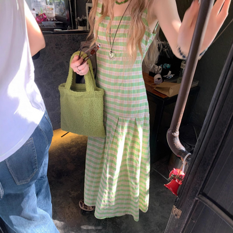 Haljina s A-linijom, plisirana, bez rukava, s kvadratnim ovratnikom, karirani uzorak, poliester, duga haljina, ljeto 2025