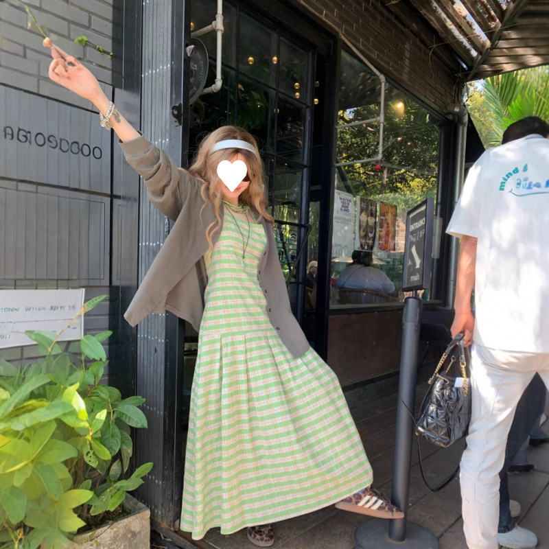 Haljina s A-linijom, plisirana, bez rukava, s kvadratnim ovratnikom, karirani uzorak, poliester, duga haljina, ljeto 2025