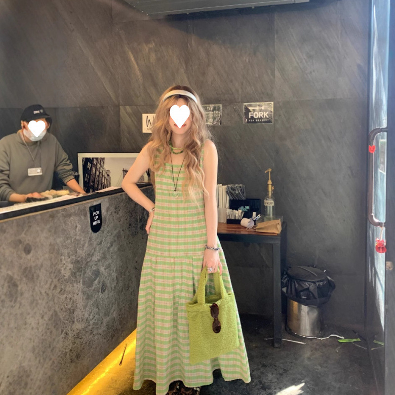 Haljina s A-linijom, plisirana, bez rukava, s kvadratnim ovratnikom, karirani uzorak, poliester, duga haljina, ljeto 2025