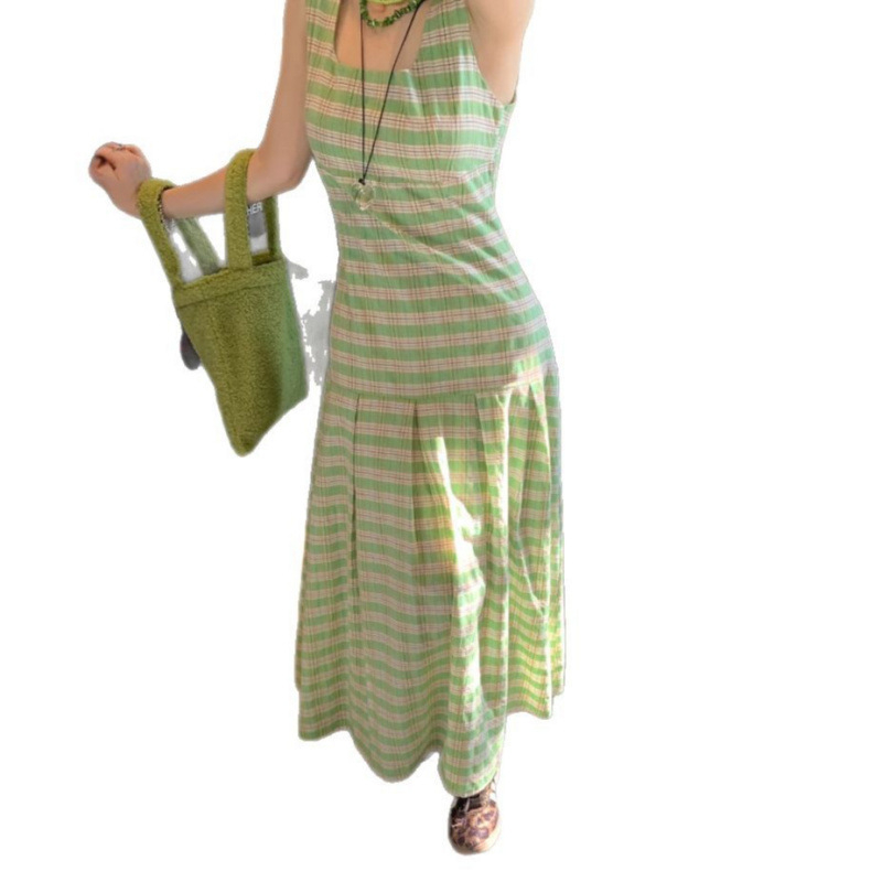 Haljina s A-linijom, plisirana, bez rukava, s kvadratnim ovratnikom, karirani uzorak, poliester, duga haljina, ljeto 2025