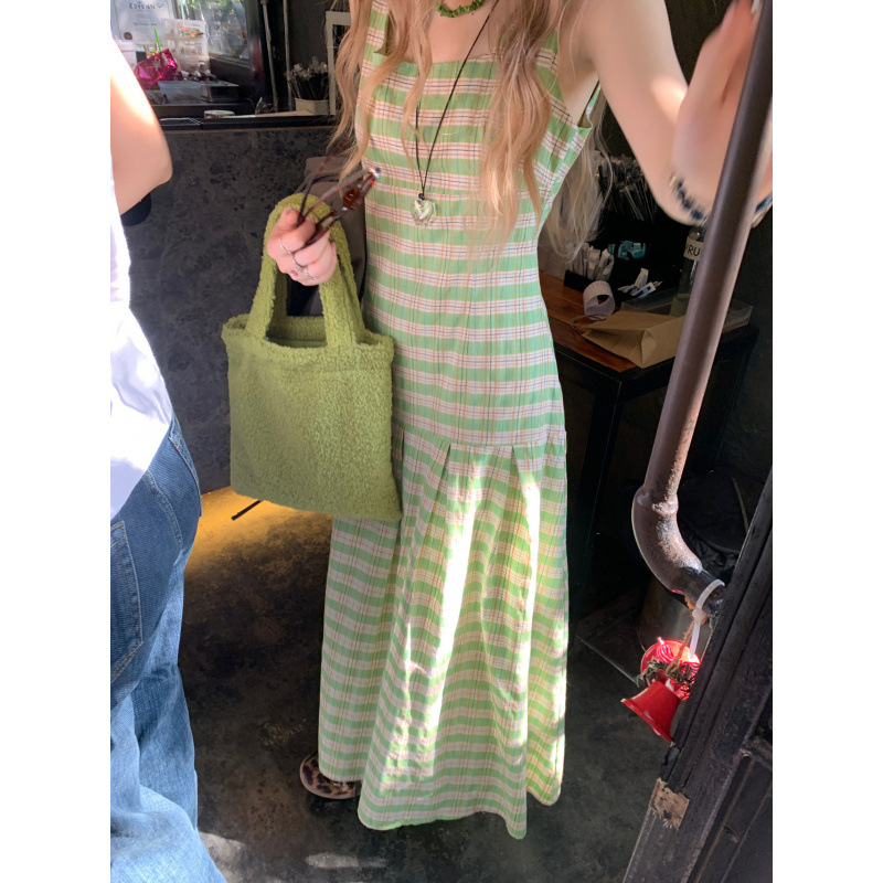 Haljina s A-linijom, plisirana, bez rukava, s kvadratnim ovratnikom, karirani uzorak, poliester, duga haljina, ljeto 2025