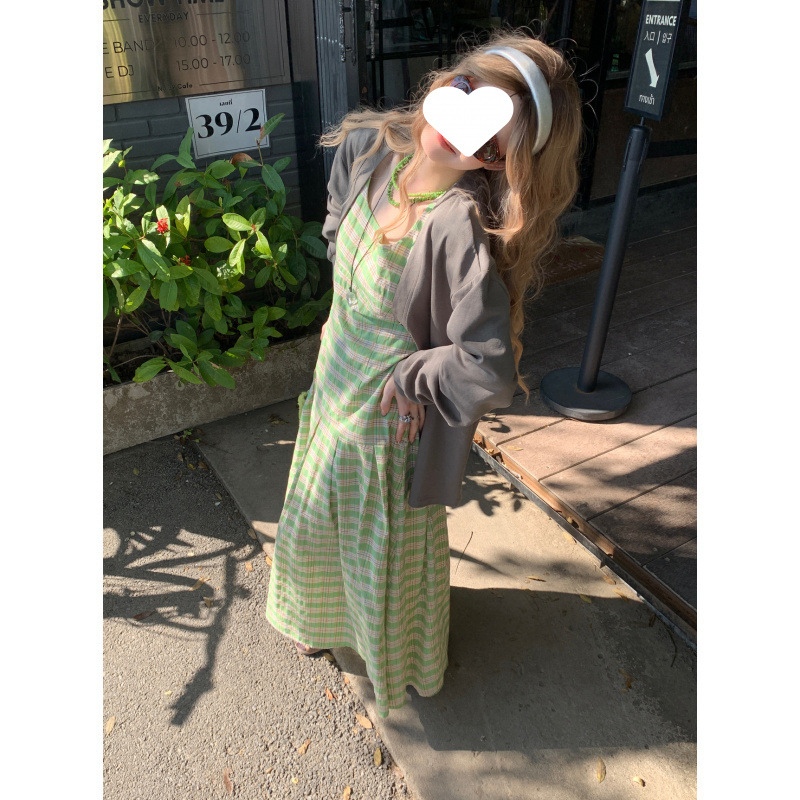 Haljina s A-linijom, plisirana, bez rukava, s kvadratnim ovratnikom, karirani uzorak, poliester, duga haljina, ljeto 2025