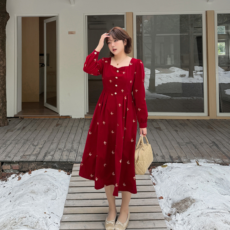 Haljina s dugom suknjom, frančuski stil, Velveteen embroidery materijal, poliester-elastan mješavina, puff rukav, kvadratni ovratnik, zimska 2025