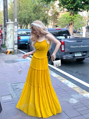 Spagetti vállú ruha, V-nyakú, hosszú ujjú, tündérszoknya stílusú, poliészter - Tavasz 2025