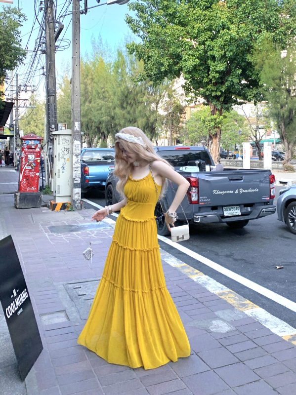 Spagetti vállú ruha, V-nyakú, hosszú ujjú, tündérszoknya stílusú, poliészter - Tavasz 2025