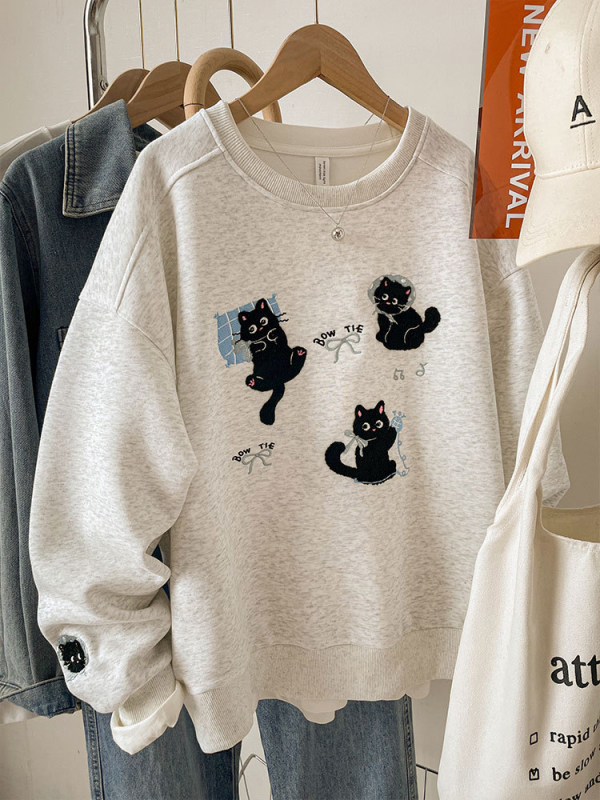 Ženski hoodie s korejskim stilom, mačja šivami i uzorkom životinja, opuštena silueta, poliester