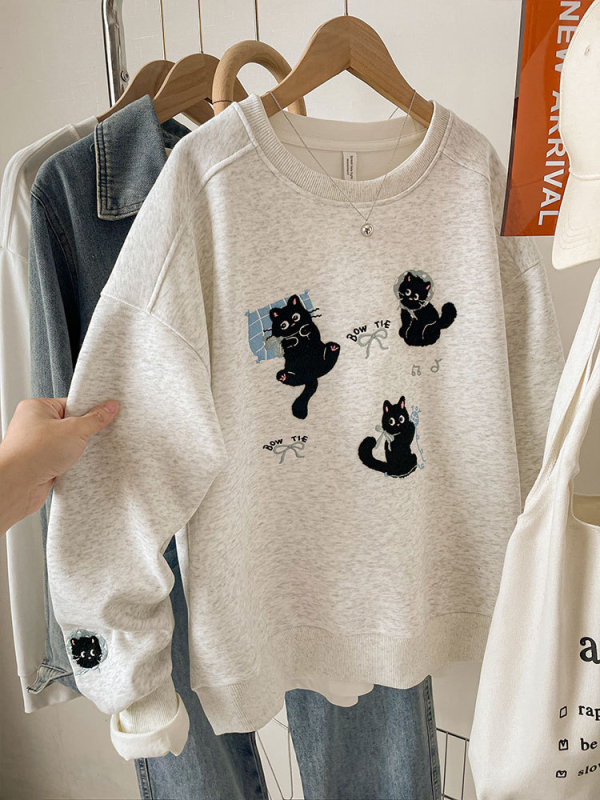 Ženski hoodie s korejskim stilom, mačja šivami i uzorkom životinja, opuštena silueta, poliester
