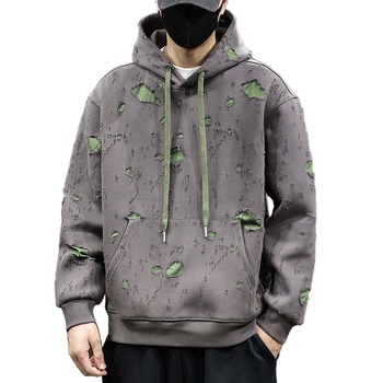 Razderani hoodie pulover s kapuljom, pamuk 51-70%, labav kroj, bočni džepovi, jesen 2025