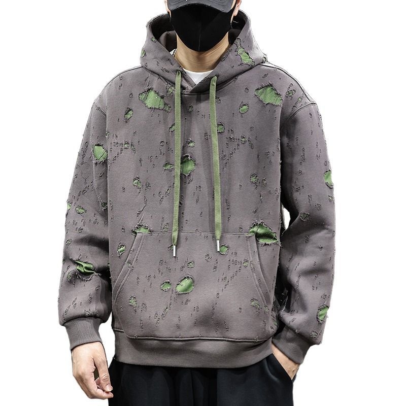 Razderani hoodie pulover s kapuljom, pamuk 51-70%, labav kroj, bočni džepovi, jesen 2025