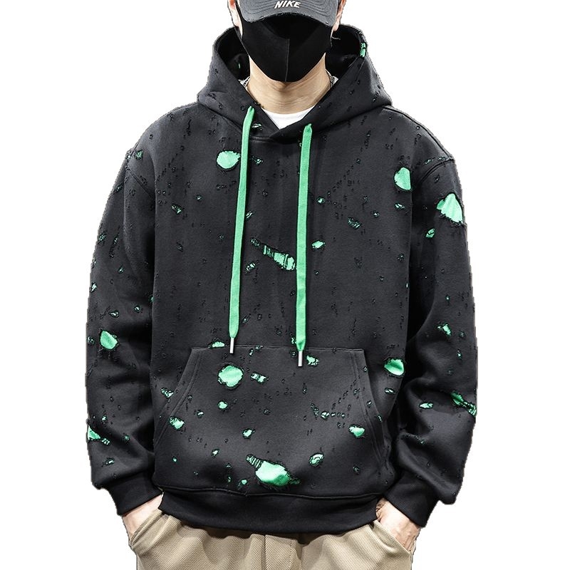 Razderani hoodie pulover s kapuljom, pamuk 51-70%, labav kroj, bočni džepovi, jesen 2025