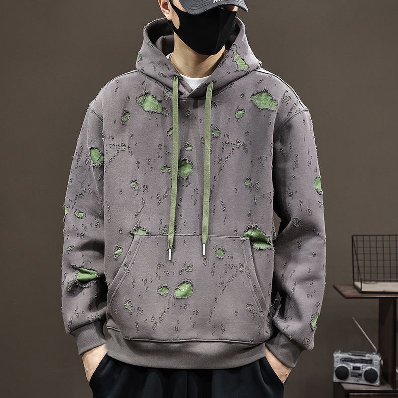 Razderani hoodie pulover s kapuljom, pamuk 51-70%, labav kroj, bočni džepovi, jesen 2025
