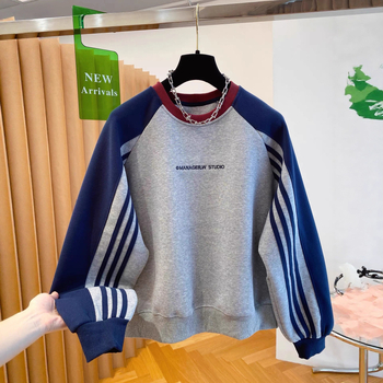 Damska dukserica s kapuljačom i tri pruge, debeli pamuk-poliester smjesa, dugi rukavi, srednja duljina, ležerni stil inspiriran japansko-korejskim