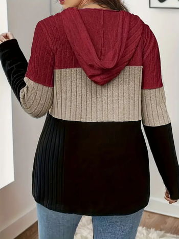 Ženski color-block hoodie s kapuljom i vrpcom, V-izrez, dugi rukavi, normalna dužina, jesen 2025. Materijal poliester-spandeks, patchwork detalj, za žene