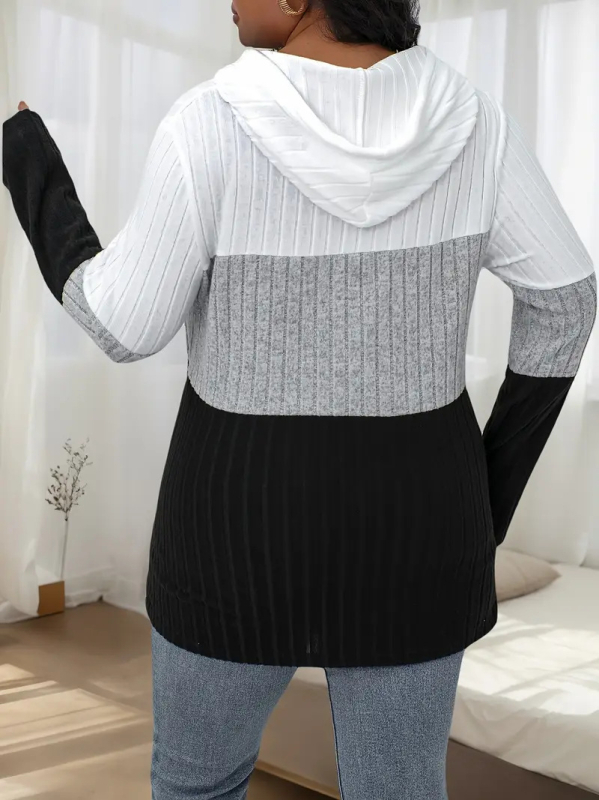 Ženski color-block hoodie s kapuljom i vrpcom, V-izrez, dugi rukavi, normalna dužina, jesen 2025. Materijal poliester-spandeks, patchwork detalj, za žene