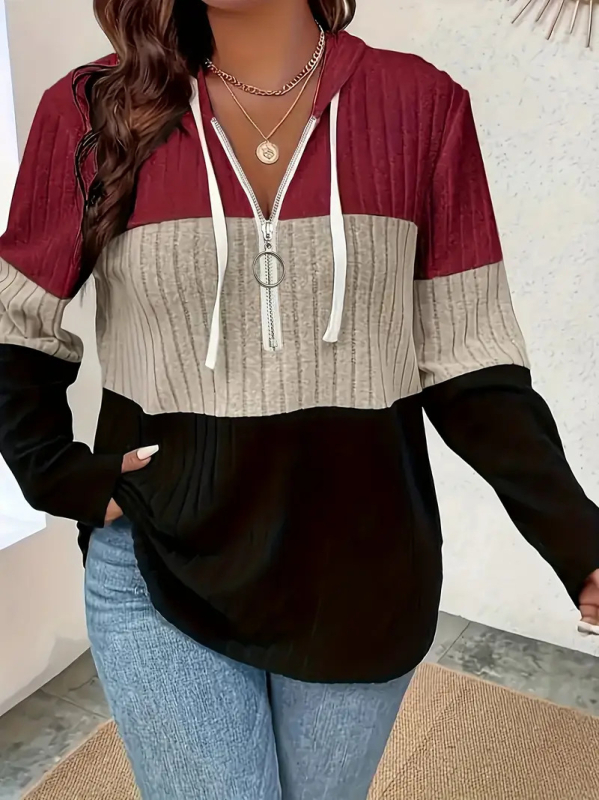 Ženski color-block hoodie s kapuljom i vrpcom, V-izrez, dugi rukavi, normalna dužina, jesen 2025. Materijal poliester-spandeks, patchwork detalj, za žene