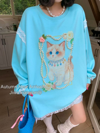 Kapuutsiga pikkade varrukatega T-särk kaķu printiga, kootud puuvillast–polüestrist materjal, vaba lõige, ümmargune kaelus, helmestega detaile