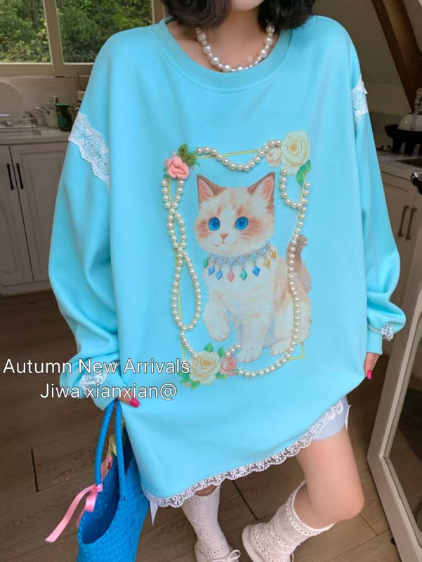 Kapuutsiga pikkade varrukatega T-särk kaķu printiga, kootud puuvillast–polüestrist materjal, vaba lõige, ümmargune kaelus, helmestega detaile