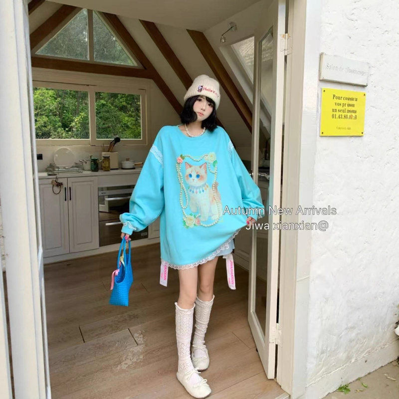 Kapuutsiga pikkade varrukatega T-särk kaķu printiga, kootud puuvillast–polüestrist materjal, vaba lõige, ümmargune kaelus, helmestega detaile