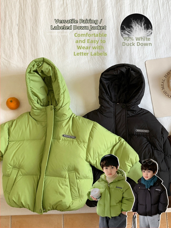 Bērnu Down jaka ar korejisku stilu, zēniem, ar kapuci un rāvējslēdzēju, bieza pūka pildījums, īss griezums, brīvs siluets, vecums 3–8 gadi