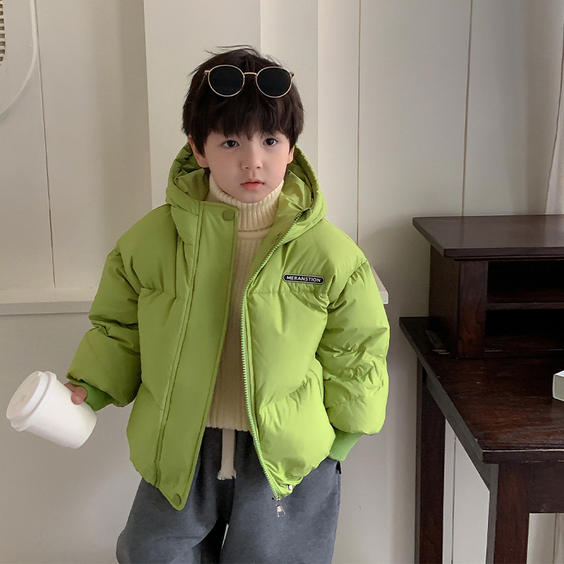 Bērnu Down jaka ar korejisku stilu, zēniem, ar kapuci un rāvējslēdzēju, bieza pūka pildījums, īss griezums, brīvs siluets, vecums 3–8 gadi