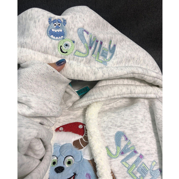 Γυναικείο φούτερ με κουκούλα, βελούδινο κέντημα, fleece εσωτερικά, φαρδιά γραμμή, κορεατικό στυλ