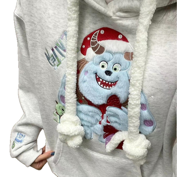 Γυναικείο φούτερ με κουκούλα, βελούδινο κέντημα, fleece εσωτερικά, φαρδιά γραμμή, κορεατικό στυλ