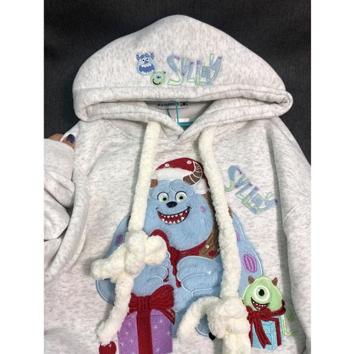 Γυναικείο φούτερ με κουκούλα, βελούδινο κέντημα, fleece εσωτερικά, φαρδιά γραμμή, κορεατικό στυλ