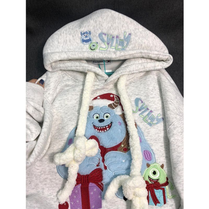 Γυναικείο φούτερ με κουκούλα, βελούδινο κέντημα, fleece εσωτερικά, φαρδιά γραμμή, κορεατικό στυλ