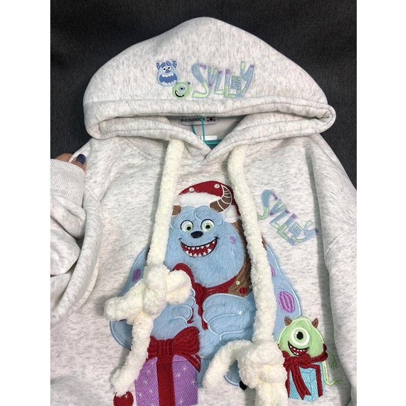 Γυναικείο φούτερ με κουκούλα, βελούδινο κέντημα, fleece εσωτερικά, φαρδιά γραμμή, κορεατικό στυλ