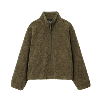 Ženski hoodie s polu-zipom i teddy velurom (Slobodan kroj, Poliester tkanina, Dugi rukavi, Jesen 2025)