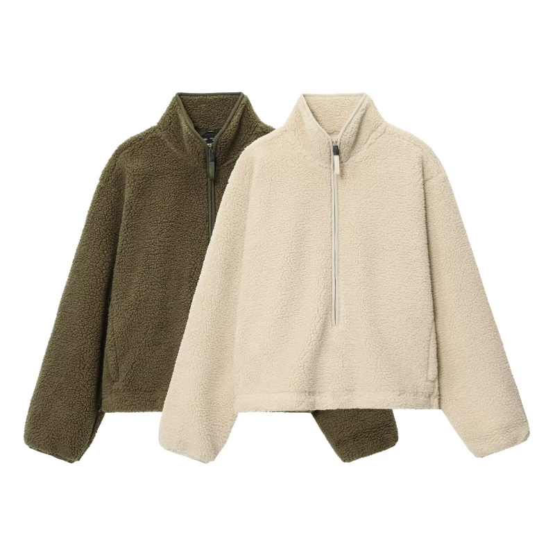 Ženski hoodie s polu-zipom i teddy velurom (Slobodan kroj, Poliester tkanina, Dugi rukavi, Jesen 2025)