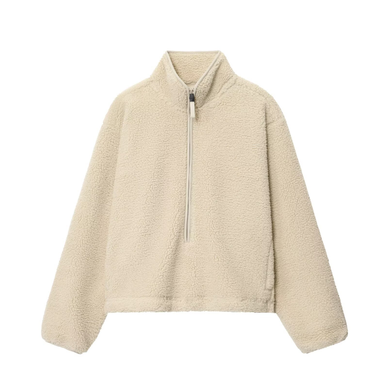 Ženski hoodie s polu-zipom i teddy velurom (Slobodan kroj, Poliester tkanina, Dugi rukavi, Jesen 2025)