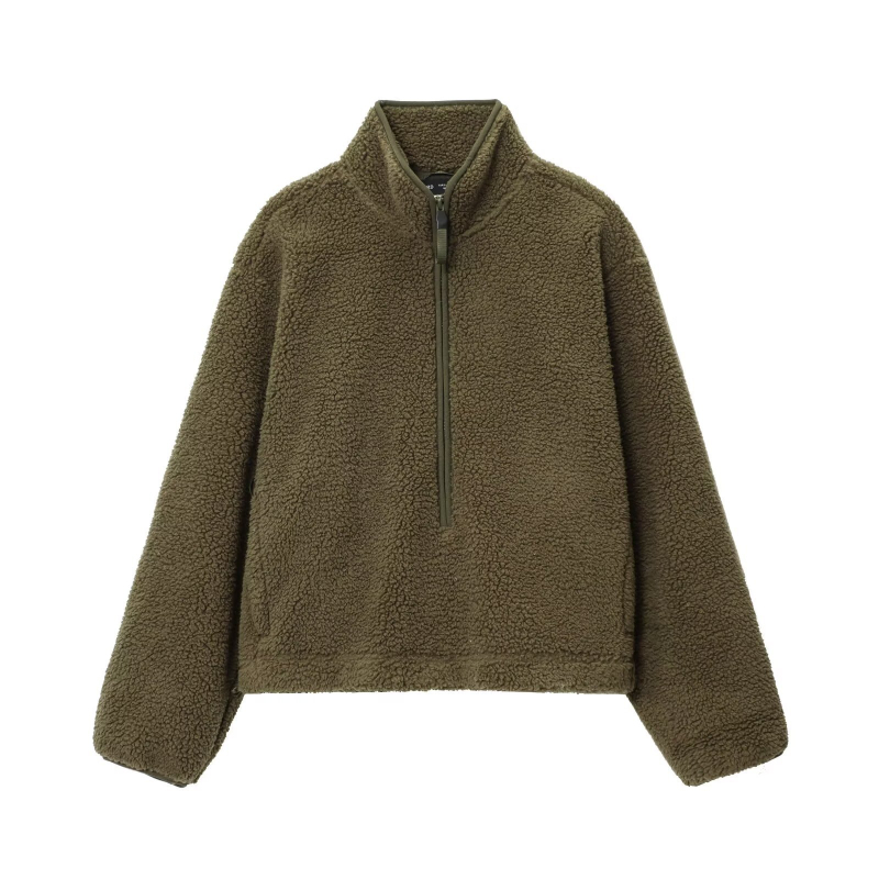 Ženski hoodie s polu-zipom i teddy velurom (Slobodan kroj, Poliester tkanina, Dugi rukavi, Jesen 2025)