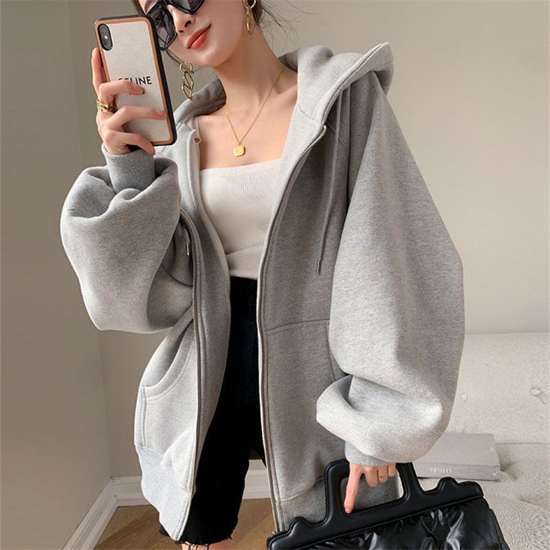 Ženski hoodie s kapuljom, fleec podstava za toplinu, Harajuku stil, slobodan kroj, dugi rukavi