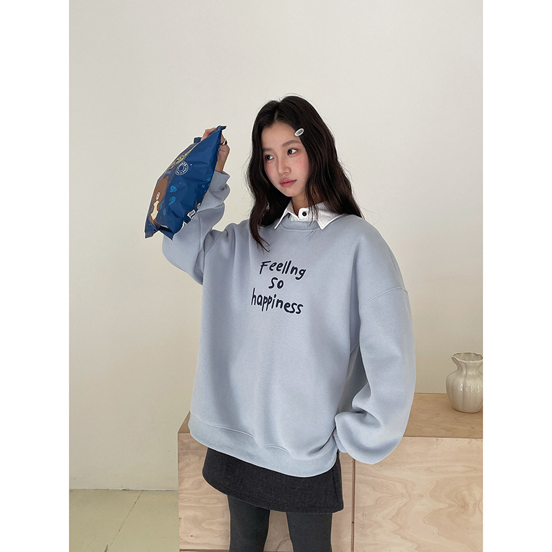 Φούτερ με κουκούλα και εκτύπωση κορεατικών γραμμάτων, χαλαρή γραμμή, γυναικείο χειμερινό μακρυμάνικο τοπ, 95% βαμβάκι