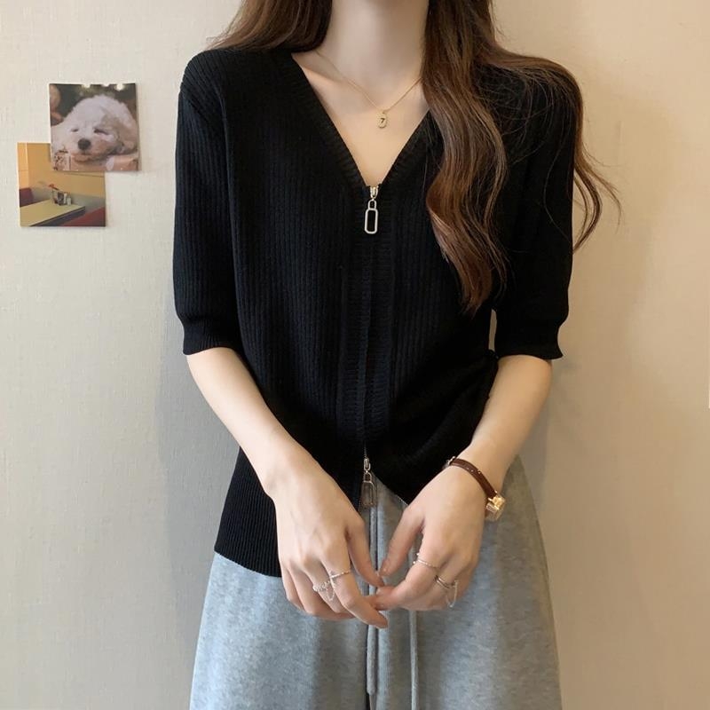 Ice Silk top, kratki rukav, V-izrez, ležerni kroj, japansko-korejski ljetni T-shirt