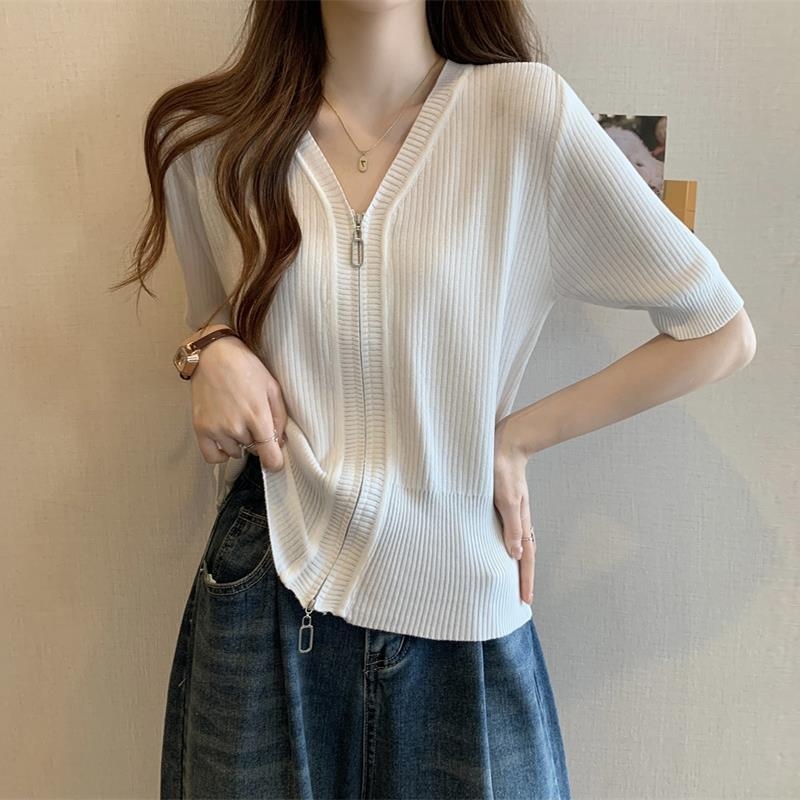 Ice Silk top, kratki rukav, V-izrez, ležerni kroj, japansko-korejski ljetni T-shirt