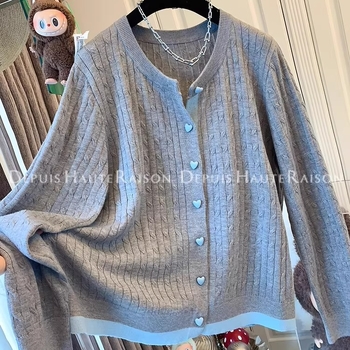 Kardigan od pletene s patchworkom, gumbi u obliku srca, twist color-block, slobodan kroj, okrugli izrez