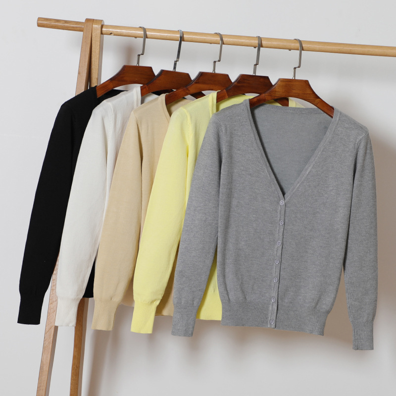 Kardigan džemper, korejskog stila, V izrez, dugi rukavi, smjesa viskoze i merceriziranog pamuka