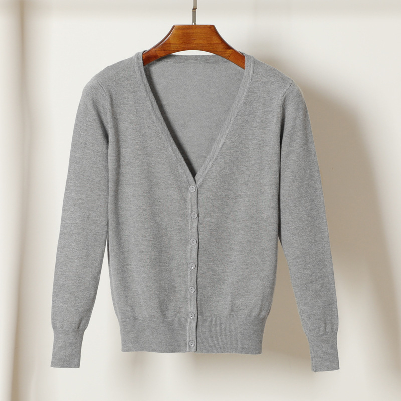 Kardigan džemper, korejskog stila, V izrez, dugi rukavi, smjesa viskoze i merceriziranog pamuka