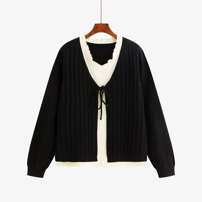 Κουκούλα πλεκτό τοπ με δέσιμο μπροστά – μείγμα πολυεστέρα-βισκόζη, μακριά μανίκια, V-λαιμού, Χειμερινή συλλογή 2025