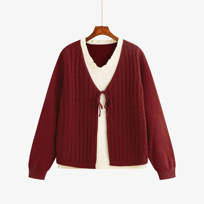 Κουκούλα πλεκτό τοπ με δέσιμο μπροστά – μείγμα πολυεστέρα-βισκόζη, μακριά μανίκια, V-λαιμού, Χειμερινή συλλογή 2025