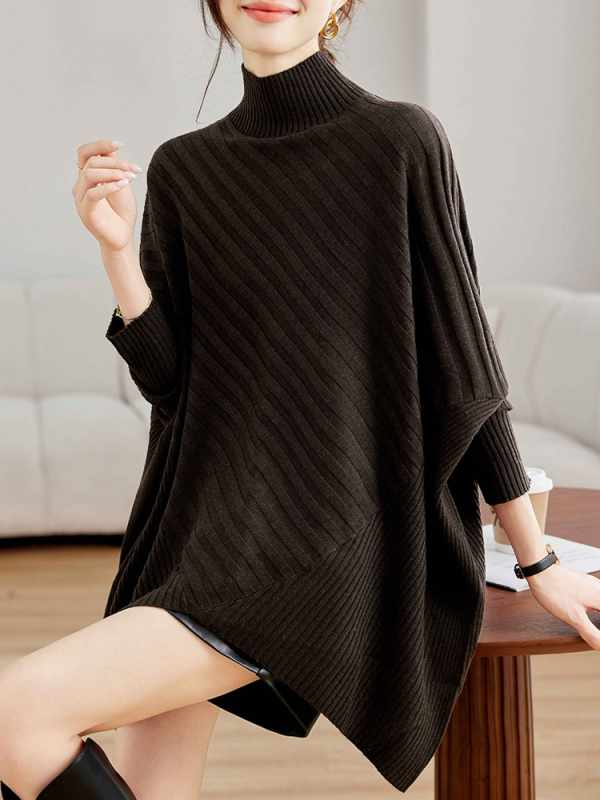Ženski udobno široki pleteni džemper s polu-visokim ovratnikom i batwing rukavima, od vune i poliestera, srednje duljine.
