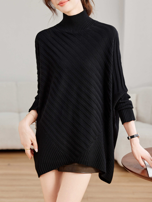 Ženski udobno široki pleteni džemper s polu-visokim ovratnikom i batwing rukavima, od vune i poliestera, srednje duljine.